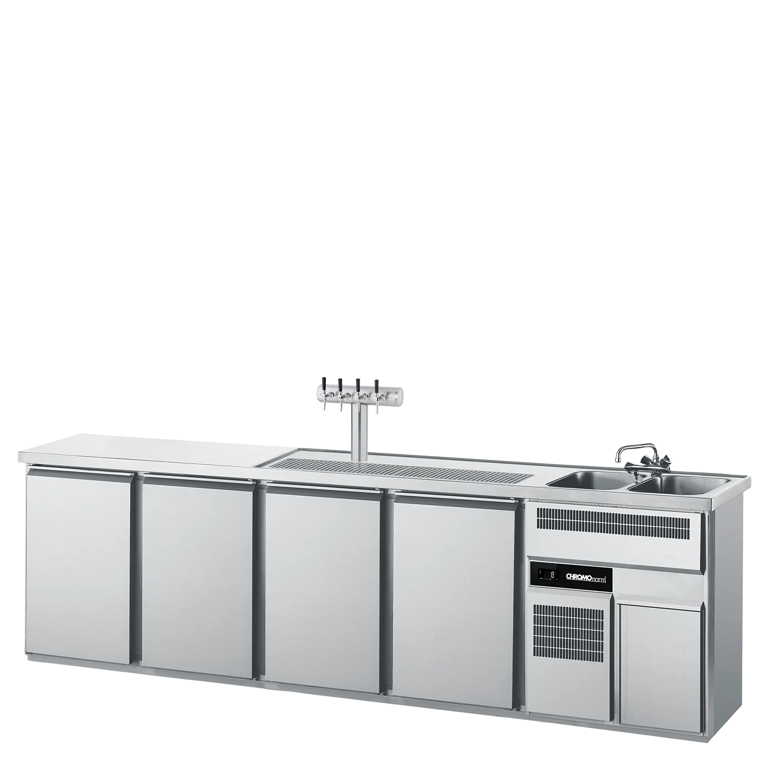 Bild von Getränketheke GN 1/1, 2 Becken rechts, 4 Türen, mit Abdeckung, steckerfertig - 3050x700x980 mm