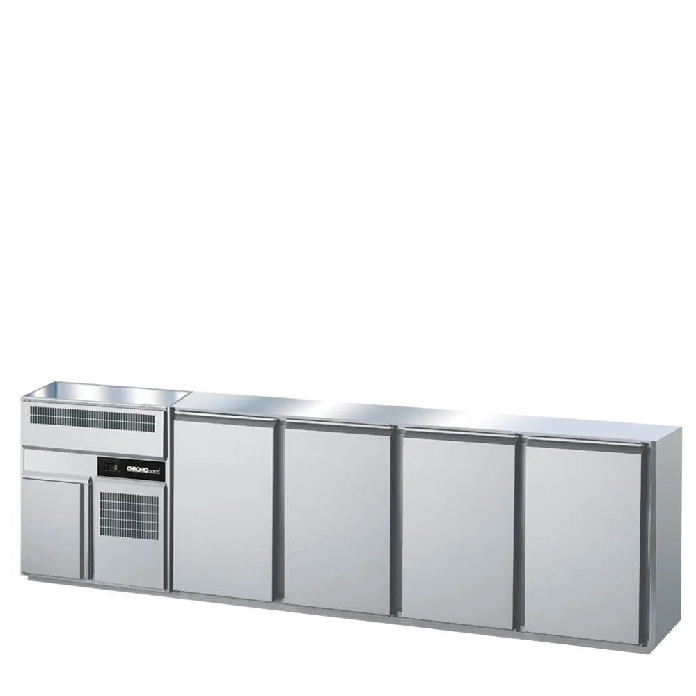 Bild von Getränketheke GN 1/1, 2 Becken links, 4 Türen, ohne Abdeckung, Zentralkühlung - 3000x656x930 mm