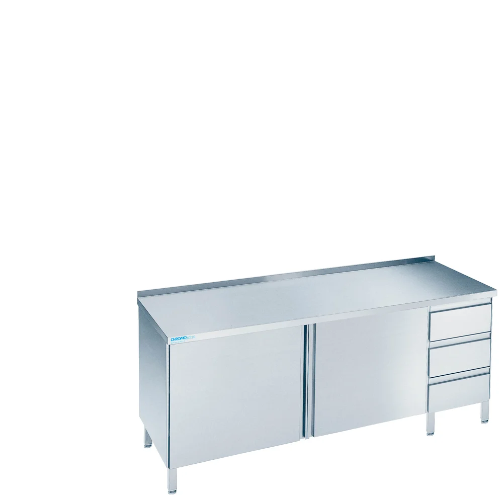 Bild von Arbeitsschrank mit Flügeltüren und Schubladenblock rechts, mit Tischplatte hinten auf - 1200x600x850/900 mm