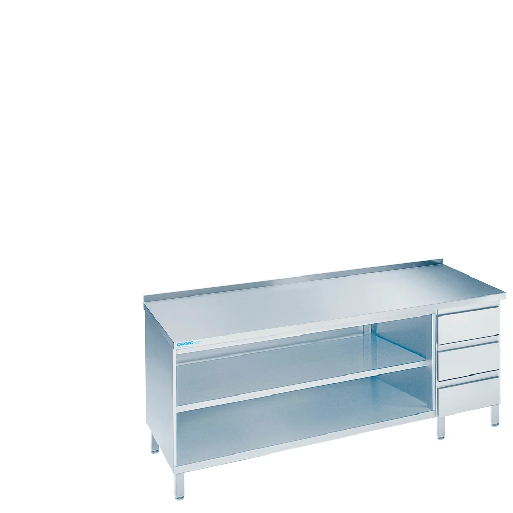 Bild von Arbeitsschrank offen mit Schubaldenblock rechts, mit Tischplatte hinten auf - 1800x700x850/900 mm