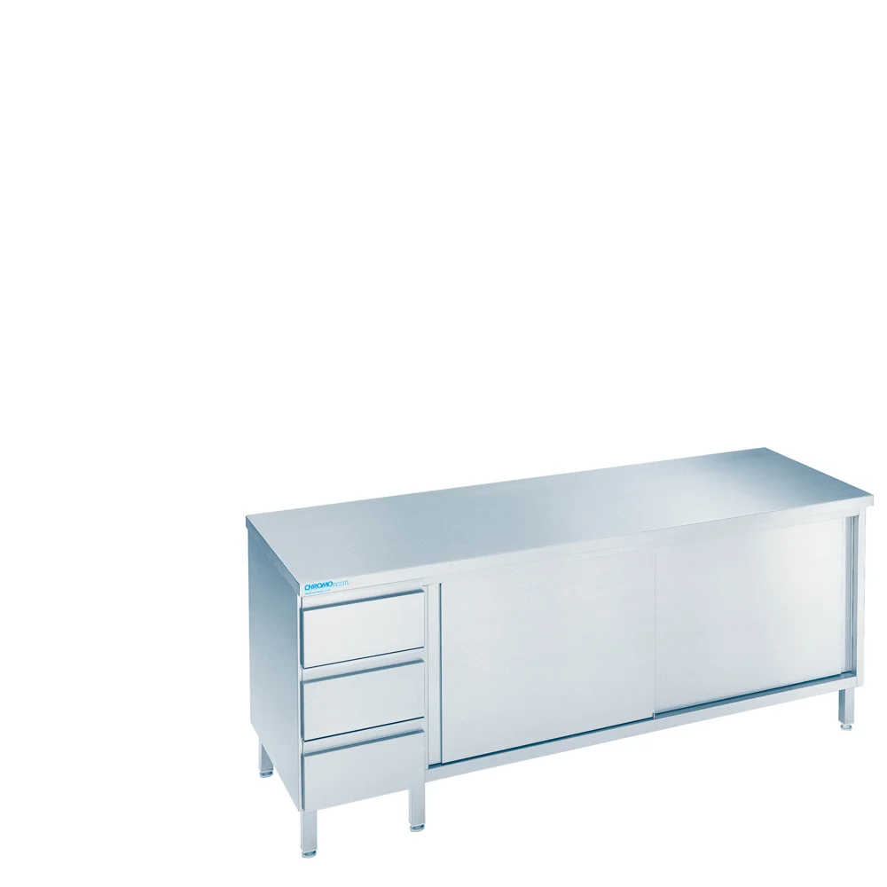Bild von Arbeitsschrank mit Schiebetüren und Schubladenblock links, mit Tischplatte allseits ab - 1800x600x850/900 mm