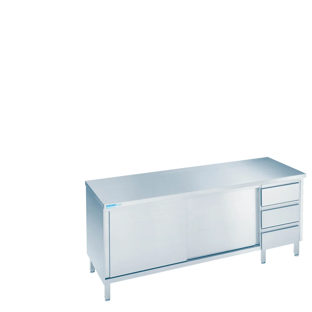 Bild von Arbeitsschrank mit Schiebetüren und Schubladenblock rechts, mit Tischplatte allseits ab - 1800x600x850/900 mm