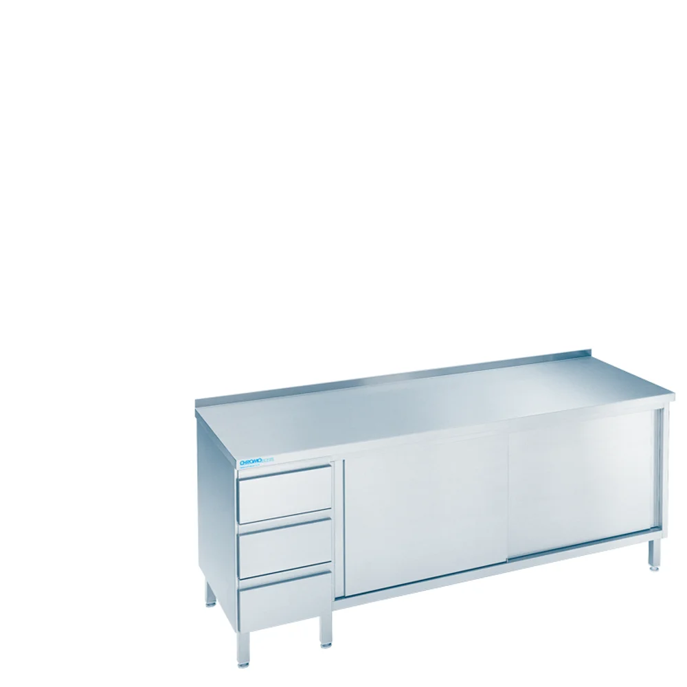 Bild von Arbeitsschrank mit Schiebetüren und Schubladenblock links, mit Tischplatte hinten auf - 1800x600x850/900 mm
