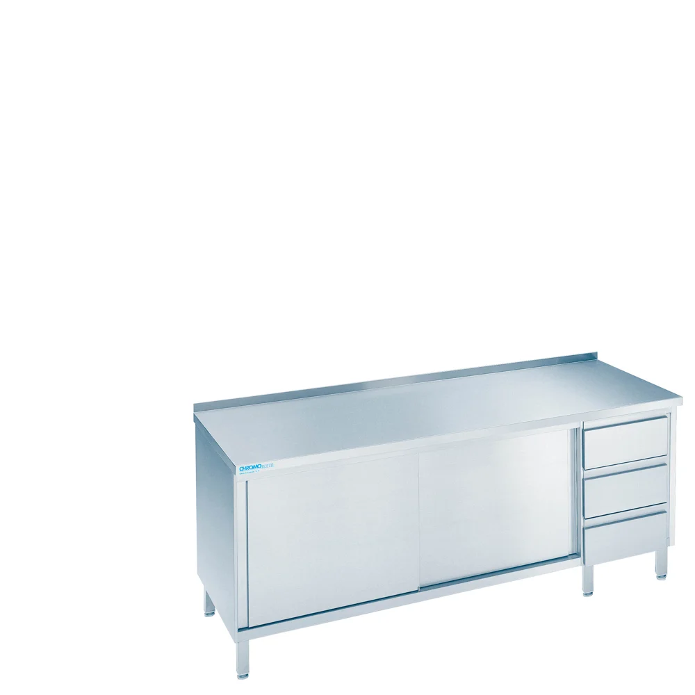 Bild von Arbeitsschrank mit Schiebetüren und Schubladenblock rechts, mit Tischplatte hinten auf - 1800x600x850/900 mm