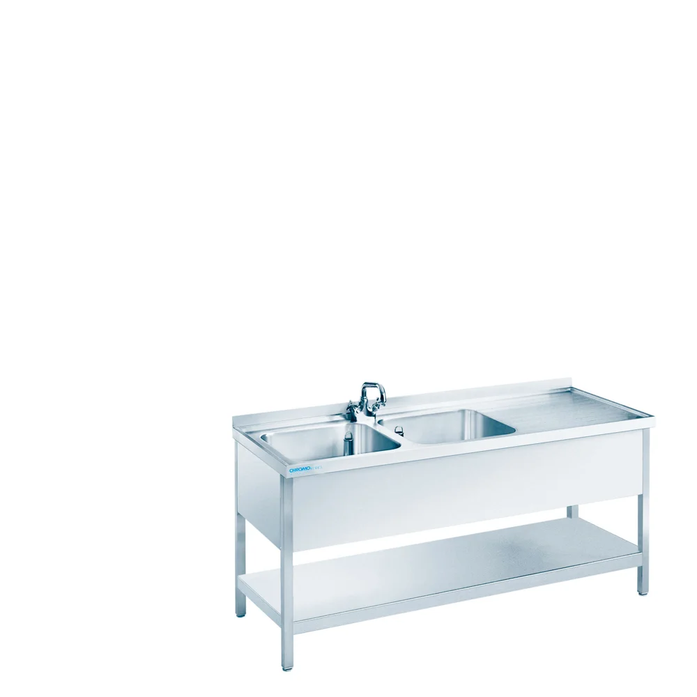 Bild von Spültisch mit 2 Becken links und Zwischenboden - 1500x600x850/900 mm