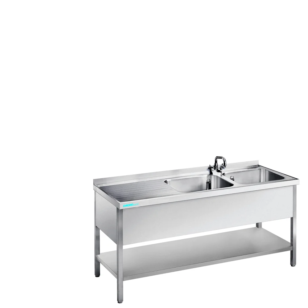 Bild von Spültisch mit 2 Becken rechts und Zwischenboden - 1500x600x850/900 mm