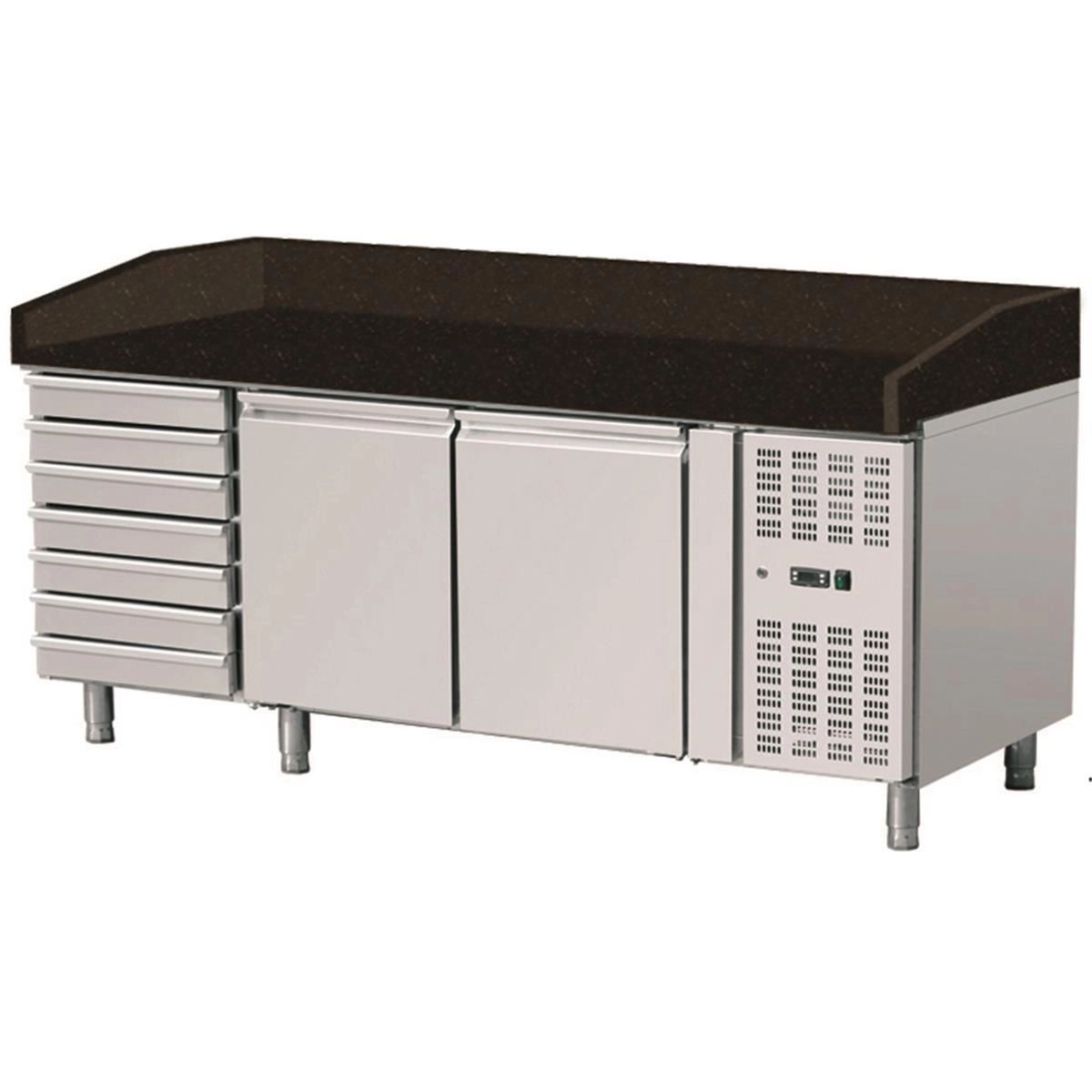 Bild von Pizza Kühltisch, Granit Star Galaxy schwarz, 2 Türen 7 ungek. Schubladen, 203x80