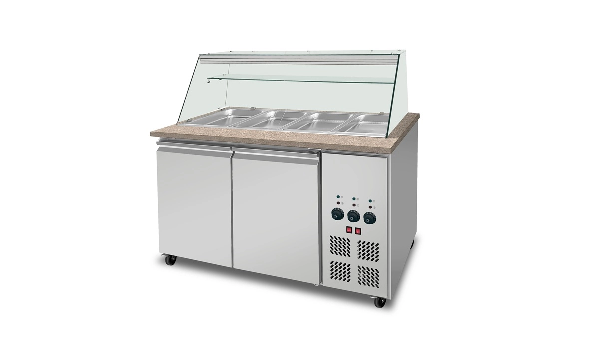 Bild von SNACK-Line Bain-Marie Theke 3x GN1/1, Granit rosa-grau, 123x82x85,5 Glasaufbau Klarglas mit Zwischenablage, H=496mm