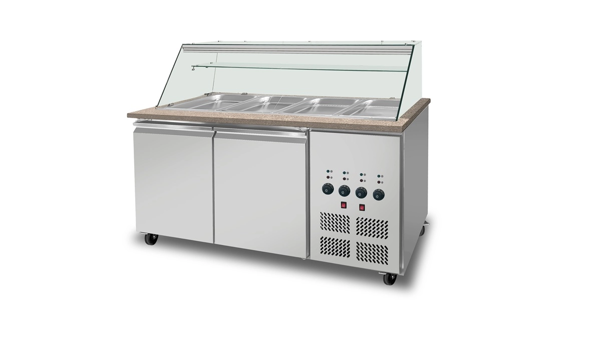 Bild von SNACK-Line Bain-Marie Theke 4x GN1/1, Granit rosa-grau, 153x82x85,5 Glasaufbau Klarglas mit Zwischenablage, H=496mm
