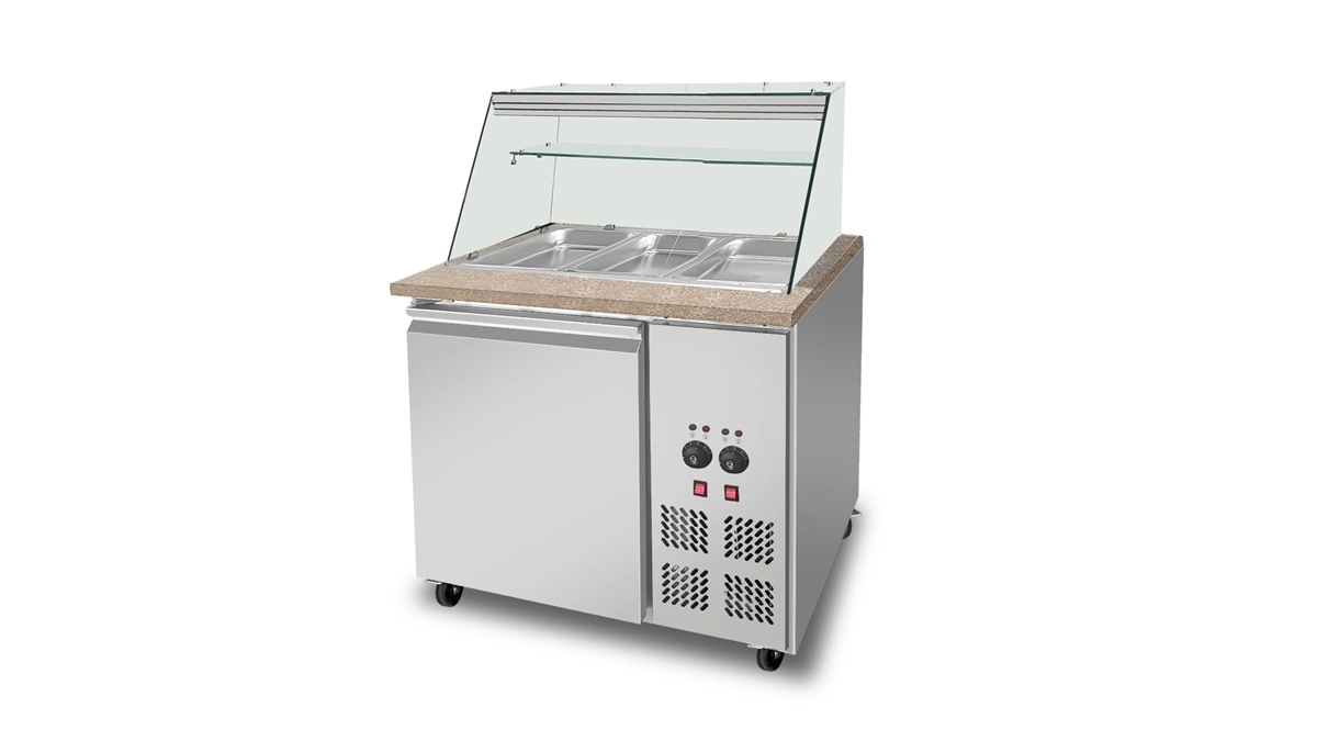 Bild von SNACK-Line Bain-Marie Theke 2x GN1/1, Granit rosa-grau, 88x82x85,5 Glasaufbau Klarglas mit Zwischenablage, H=496mm
