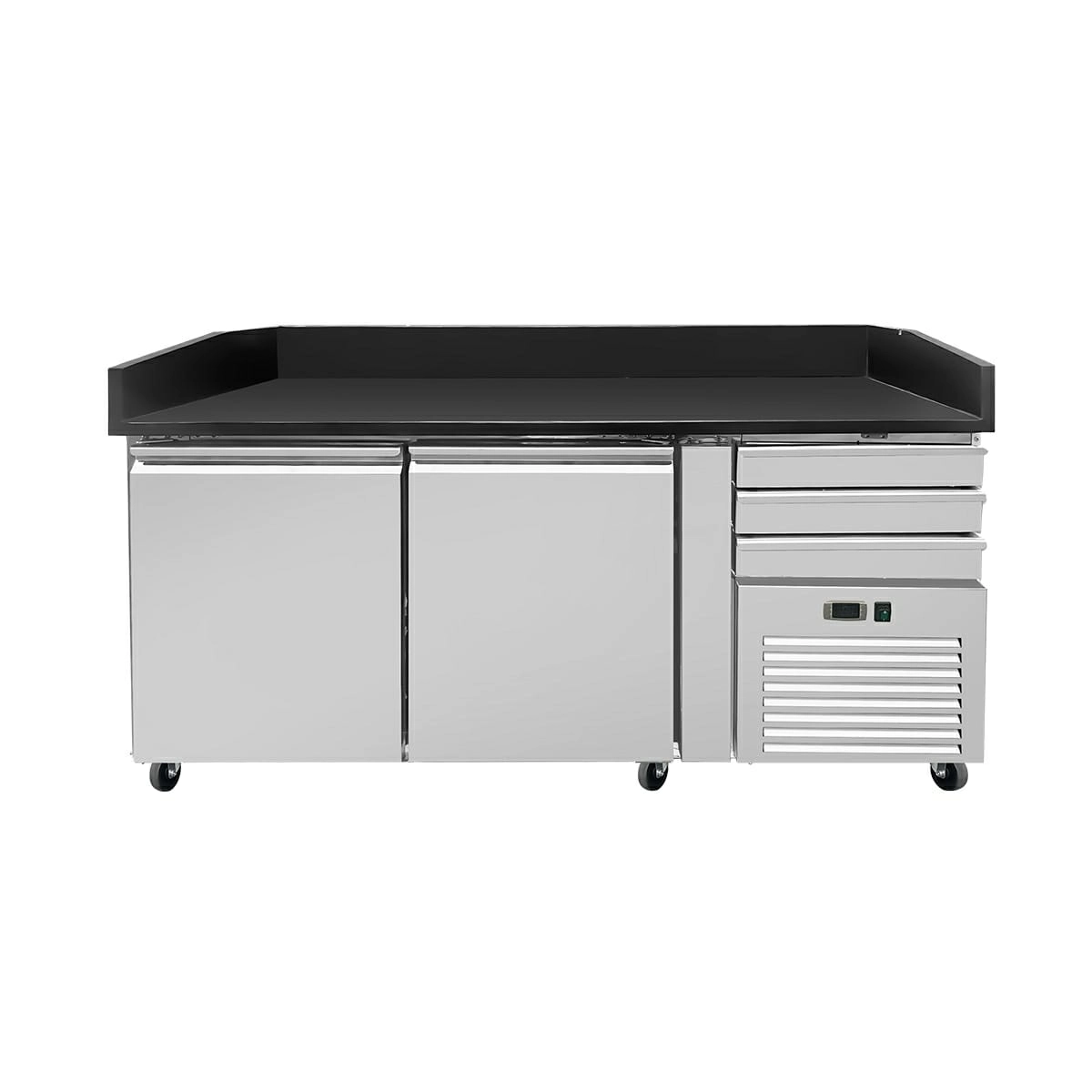 Bild von Pizza Kühltisch PRO, Granit Star Galaxy schwarz, 2 Türen + 3 Schubladen, 160 x 80 Kühlaufsatz GN1/3 mit Glas