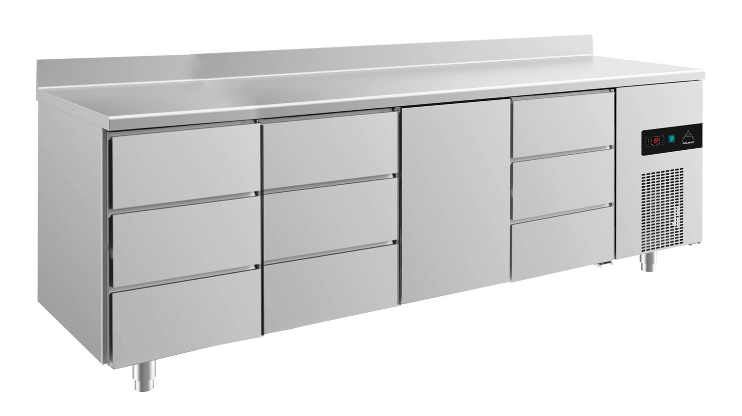 Bild von Kühltisch -2 bis +8°C 2330x700x850mm mit 1x Tür und 3x drei Schubladen u. Aufkantung