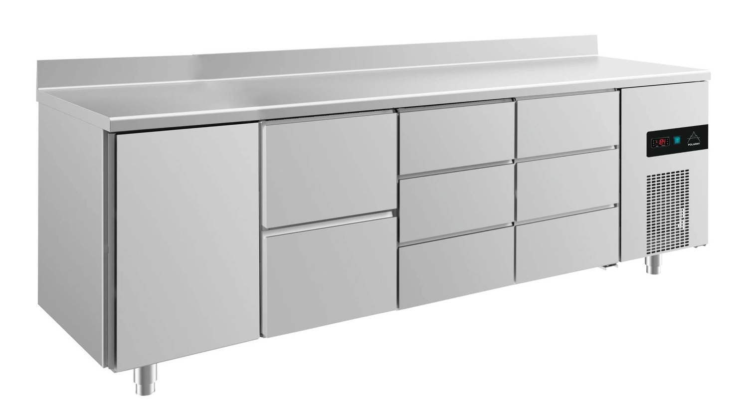 Bild von Kühltisch -2 bis +8°C 2330x700x850mm mit 1x Tür, 1x zwei Schubladen und 2x 3 Schubladen u. Aufkantung