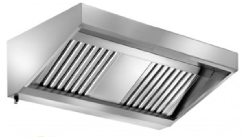 Bild von Wandhaube Edelstahl, umlaufende Fettauffangrinne,  herausnehmbare Flammschutzfilter Typ-B, Beleuchtung mit Leuchtstoffröhre, Fettablassventil