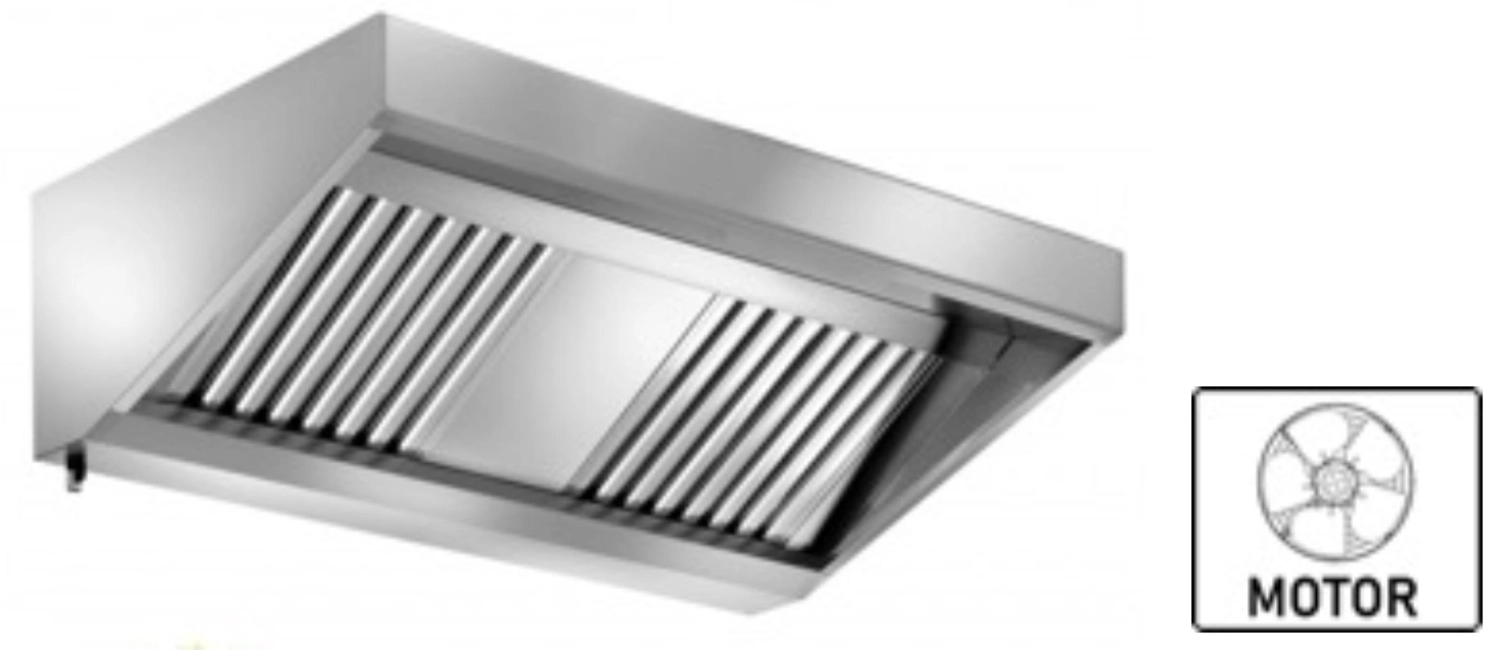 Bild von Wandhaube Edelstahl inklusive eingebautem Ventilator (230 V), umlaufende Fettauffangrinne,  herausnehmbare Flammschutzfilter Typ-B, Beleuchtung mit Leuchtstoffröhre, Fettablassventil