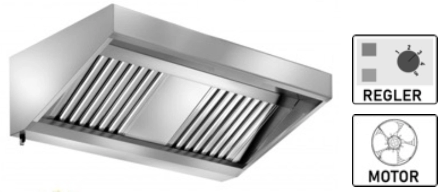Bild von Wandhaube Edelstahl inklusive eingebautem Ventilator (230 V) mit externem Regler, umlaufende Fettauffangrinne,  herausnehmbare Flammschutzfilter Typ-B, Beleuchtung mit Leuchtstoffröhre, Fettablassventil